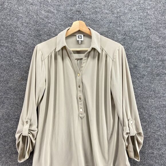 Anne Klein Shirt Women S Small Beige Button Up 3/4 Sleeve Collared Roll Up Tab - Picture 2 of 10